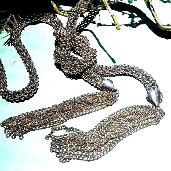 Lariat Style Woven Chain Necklace Tassels Gold tone Vintage 80"s - Picture 6 of 6